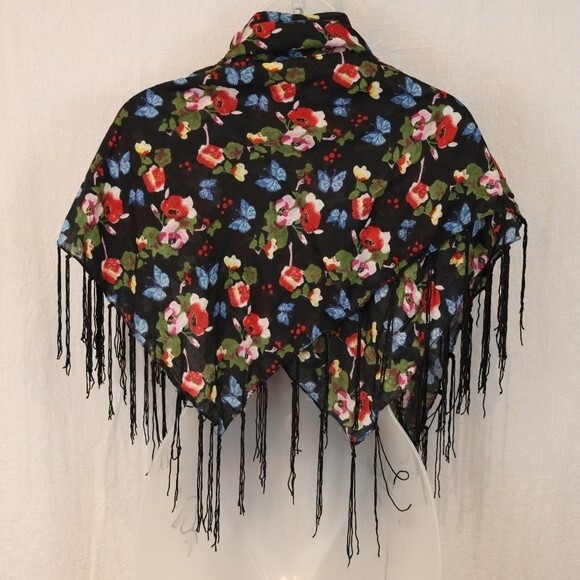 Black Floral Butterfly Fringe Scarf Large Wrap Scarf - Picture 5 of 6